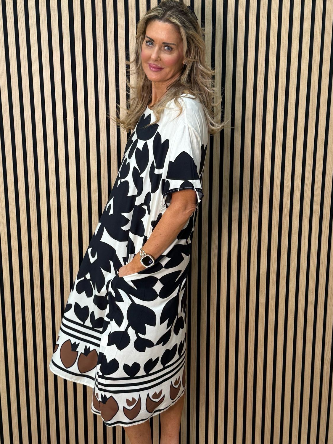 Bold Floral Print Midi Dress - Cream/Black