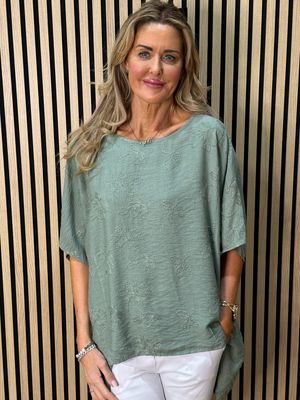 Floral Embroidered Oversized Top - Khaki