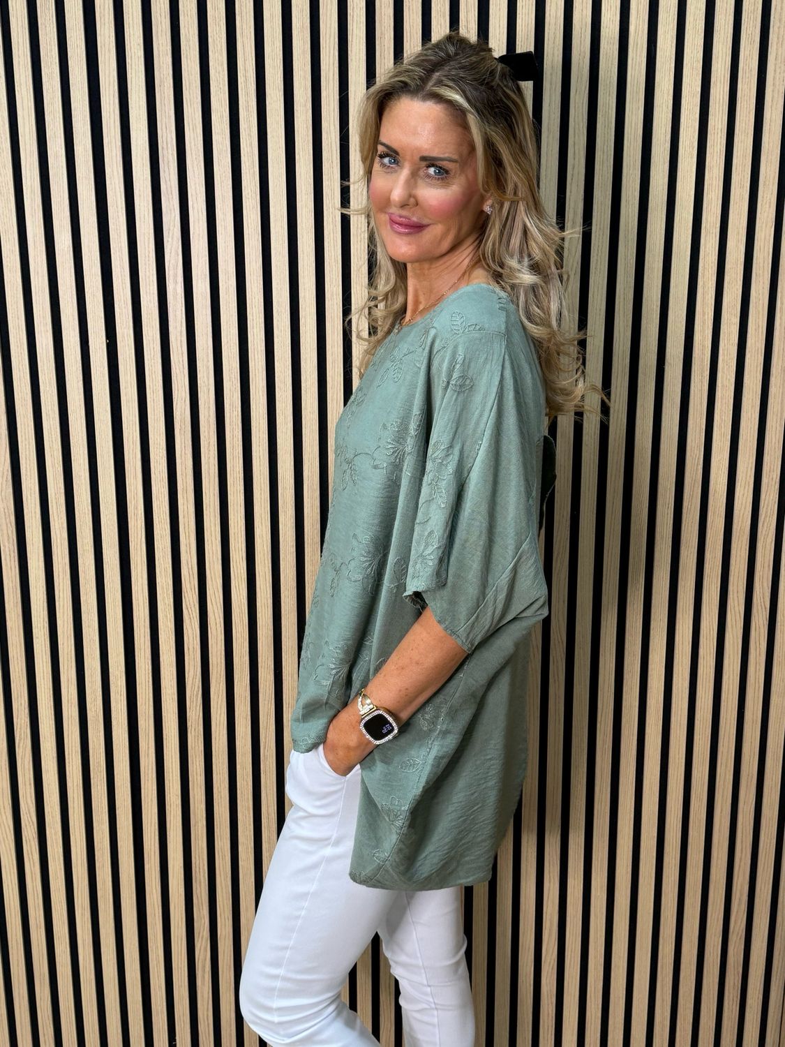 Floral Embroidered Oversized Top - Khaki