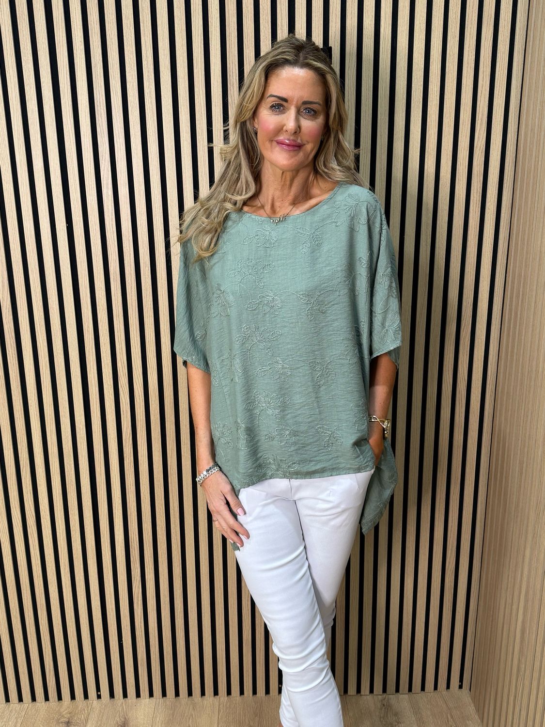 Floral Embroidered Oversized Top - Khaki