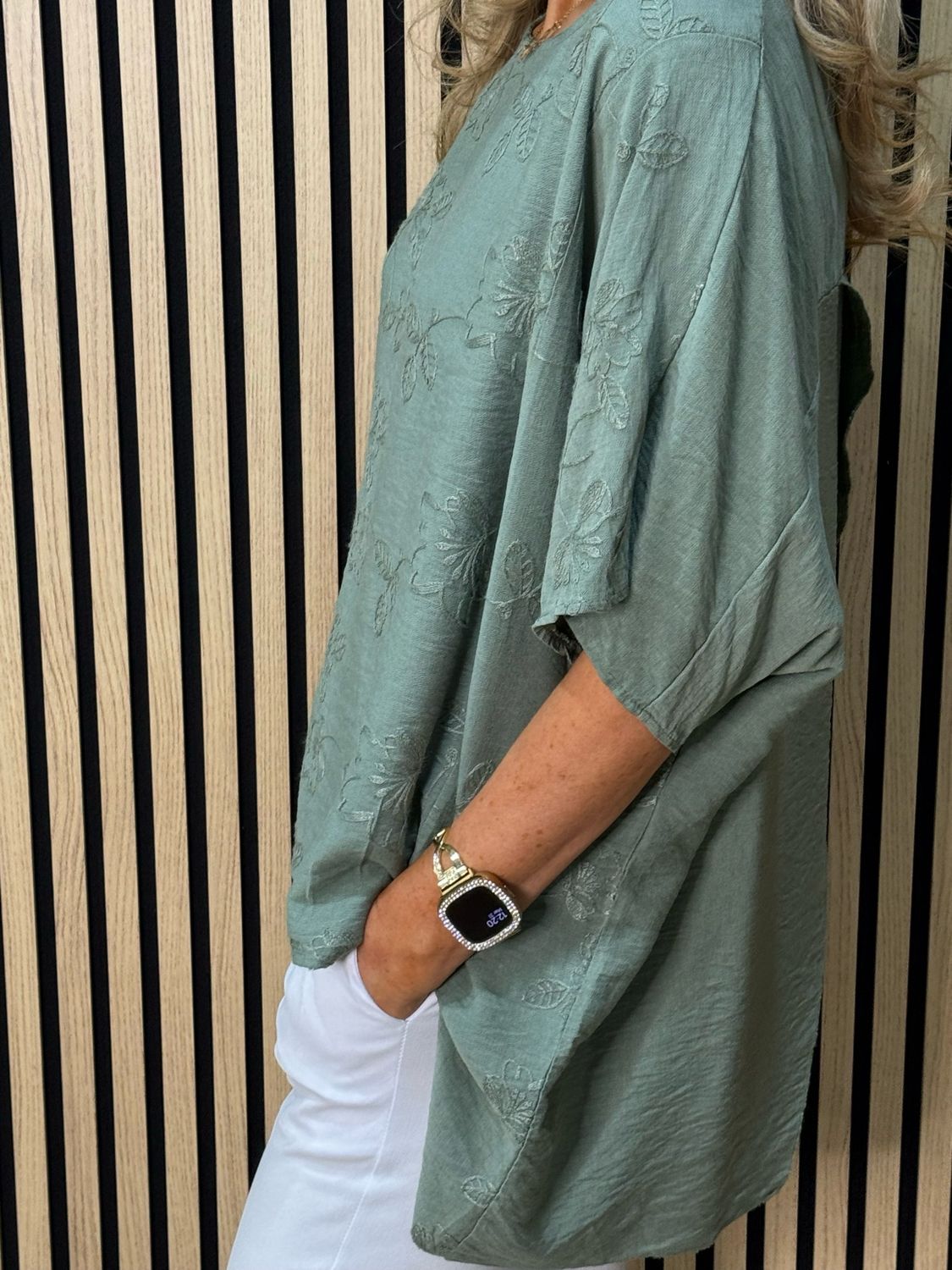 Floral Embroidered Oversized Top - Khaki