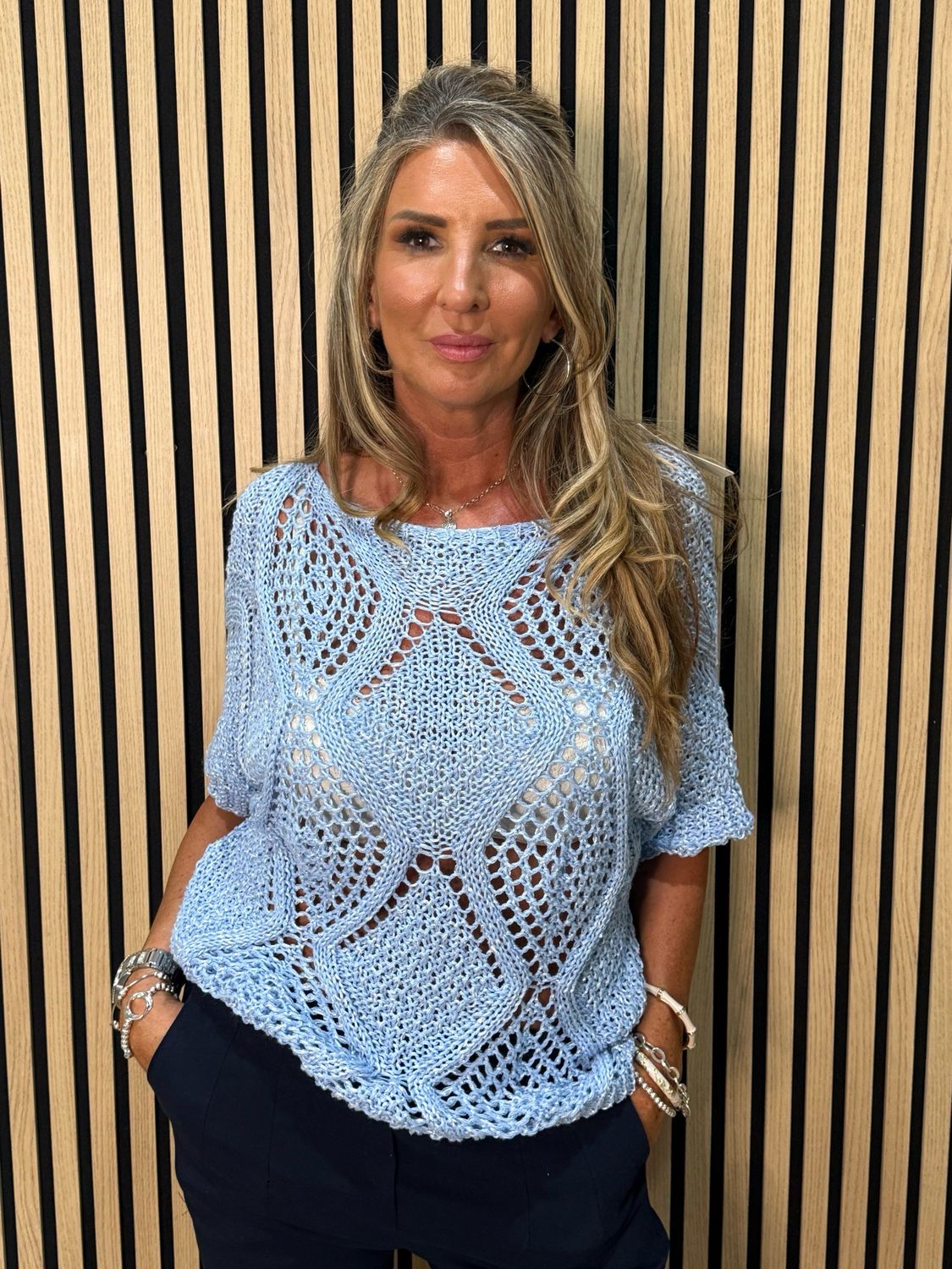 Lightweight Crochet Knit Jumper - Baby Blue