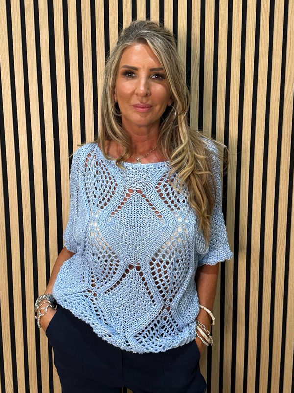 Lightweight Crochet Knit Jumper - Baby Blue