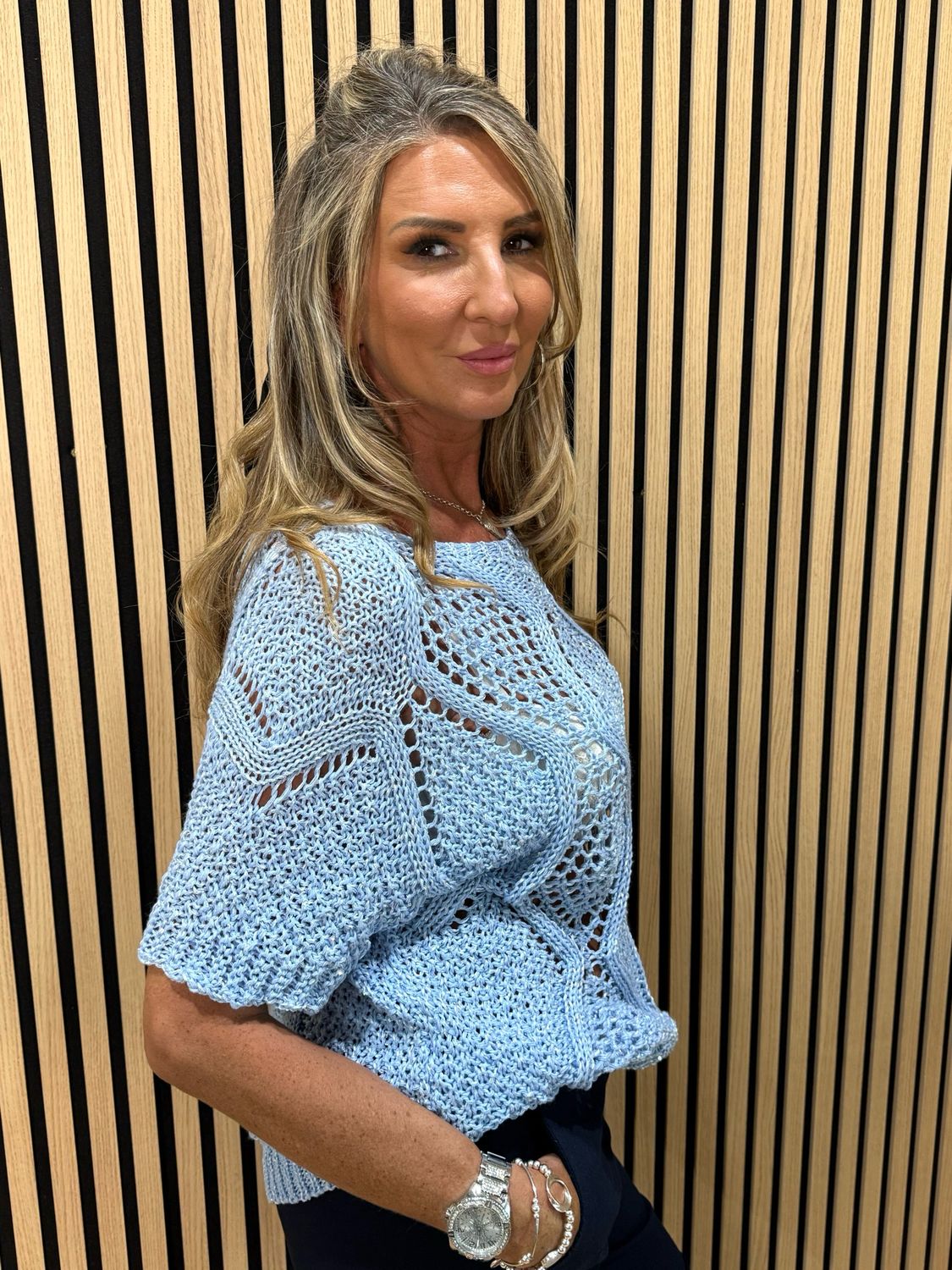 Lightweight Crochet Knit Jumper - Baby Blue