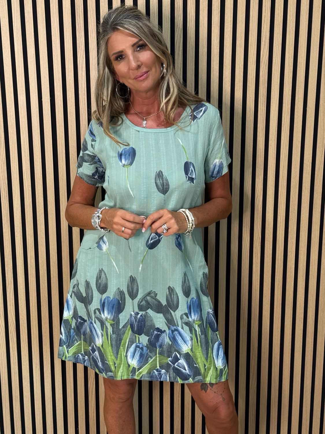 Tulip Print Stretch Dress - Khaki