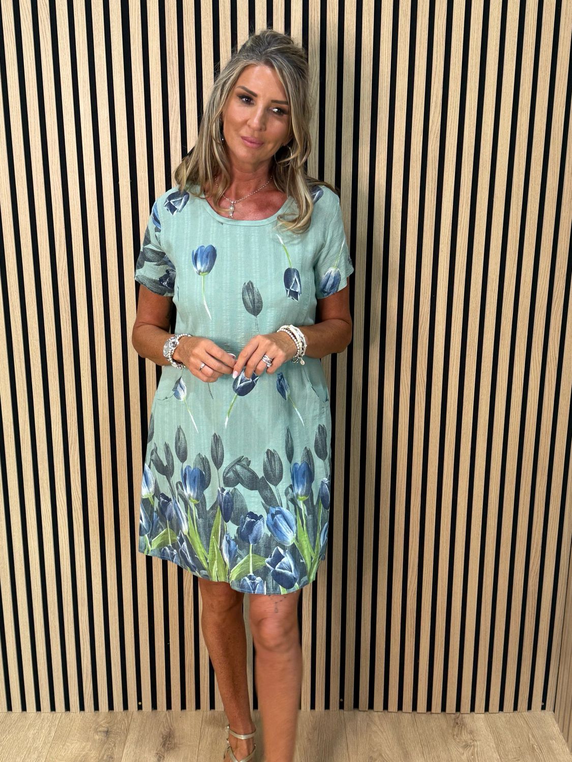 Tulip Print Stretch Dress - Khaki