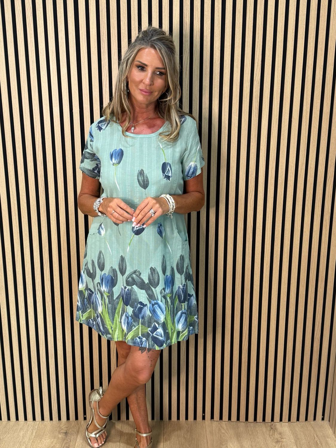 Tulip Print Stretch Dress - Khaki