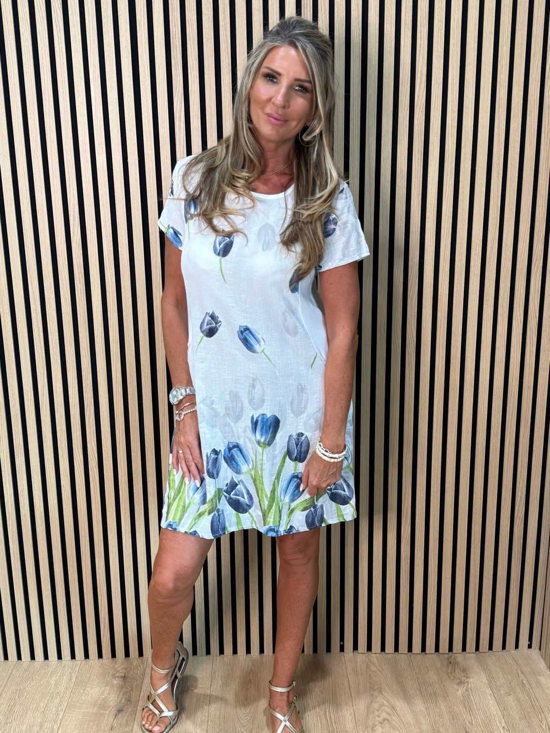 Tulip Print Stretch Dress - White