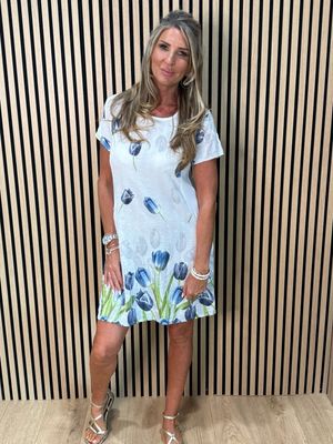 Tulip Print Stretch Dress - White