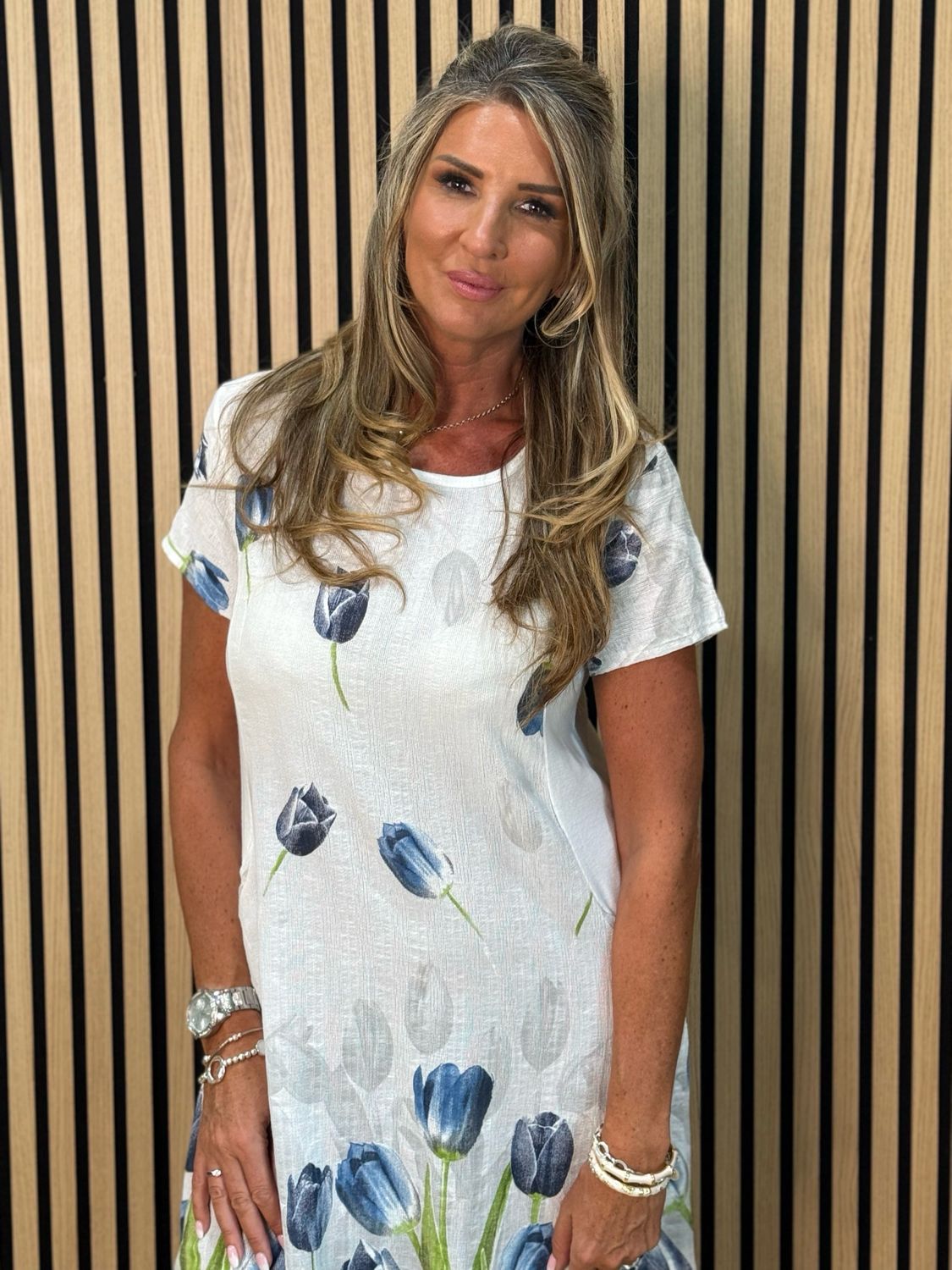 Tulip Print Stretch Dress - White