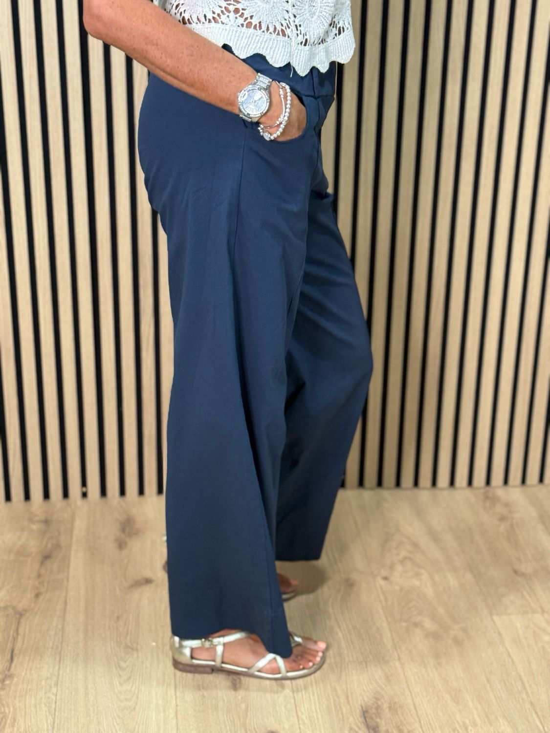 Wide Leg Canvas Trousers - Navy