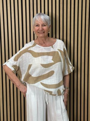 Abstract Print Cotton Top - Taupe