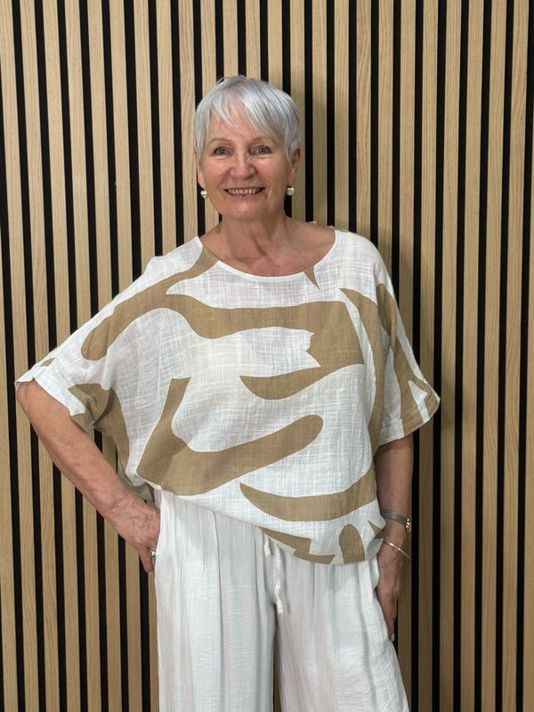 Abstract Print Cotton Top - Taupe