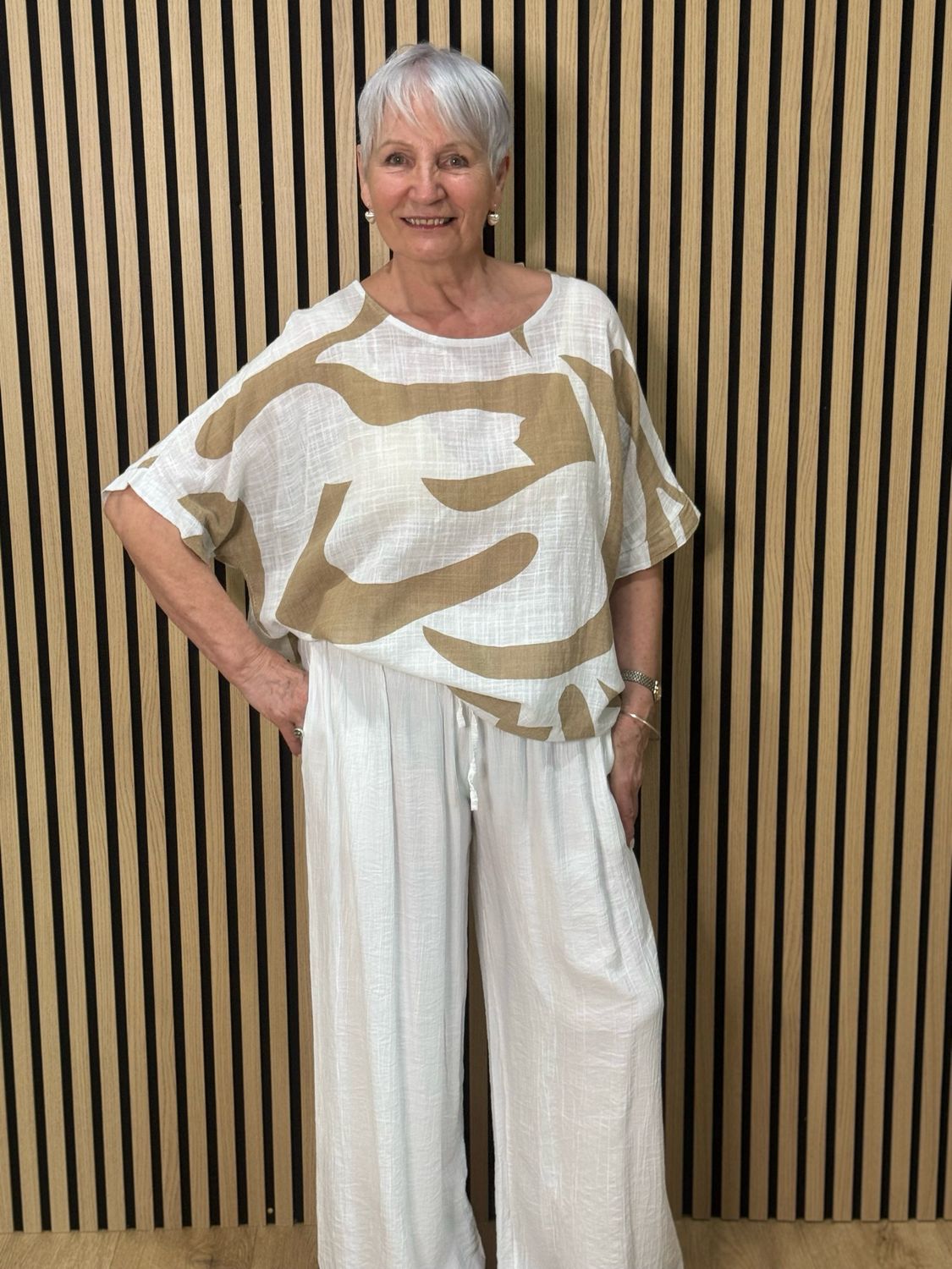 Abstract Print Cotton Top - Taupe