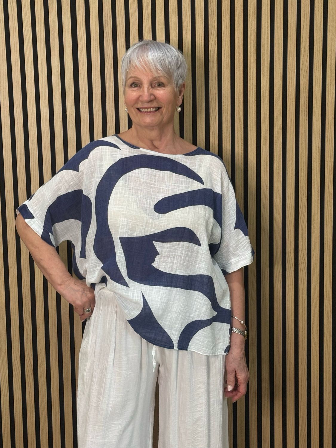 Abstract Print Cotton Top - Navy