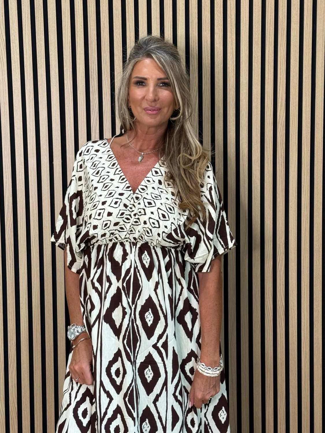 Floaty Midi Dress - Cream/Brown