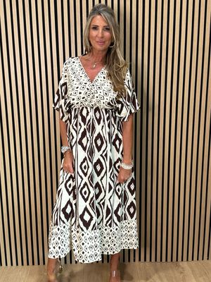 Floaty Midi Dress - Cream/Brown