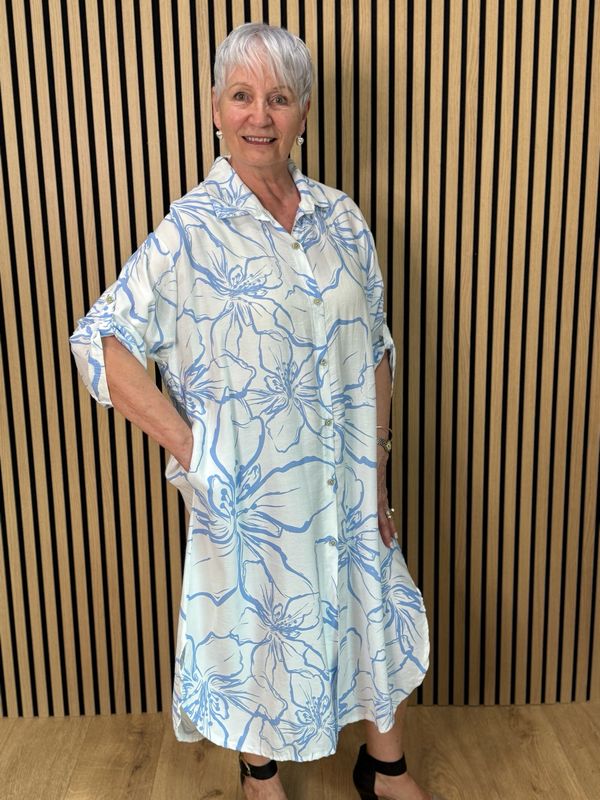 Floral Button Front Dress - Light Blue