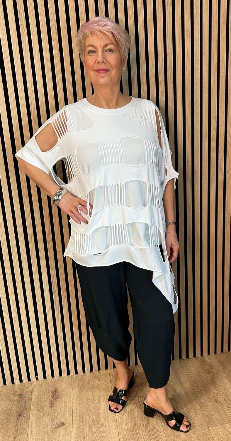 Distressed Cut Oversized Top - White