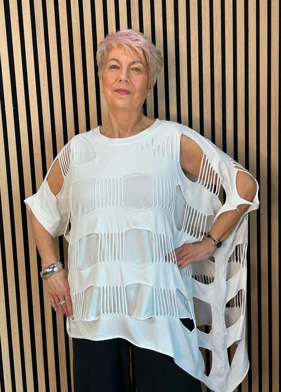 Distressed Cut Oversized Top - White