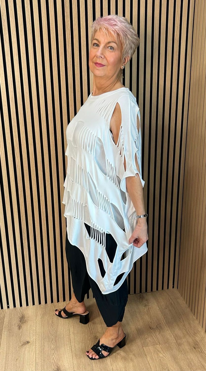 Distressed Cut Oversized Top - White