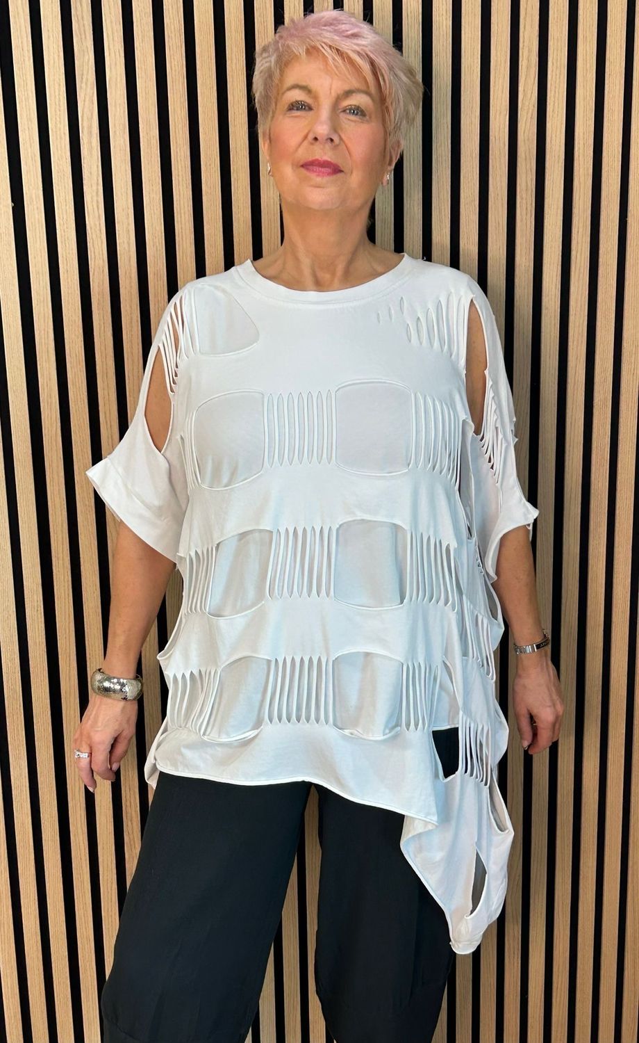 Distressed Cut Oversized Top - White