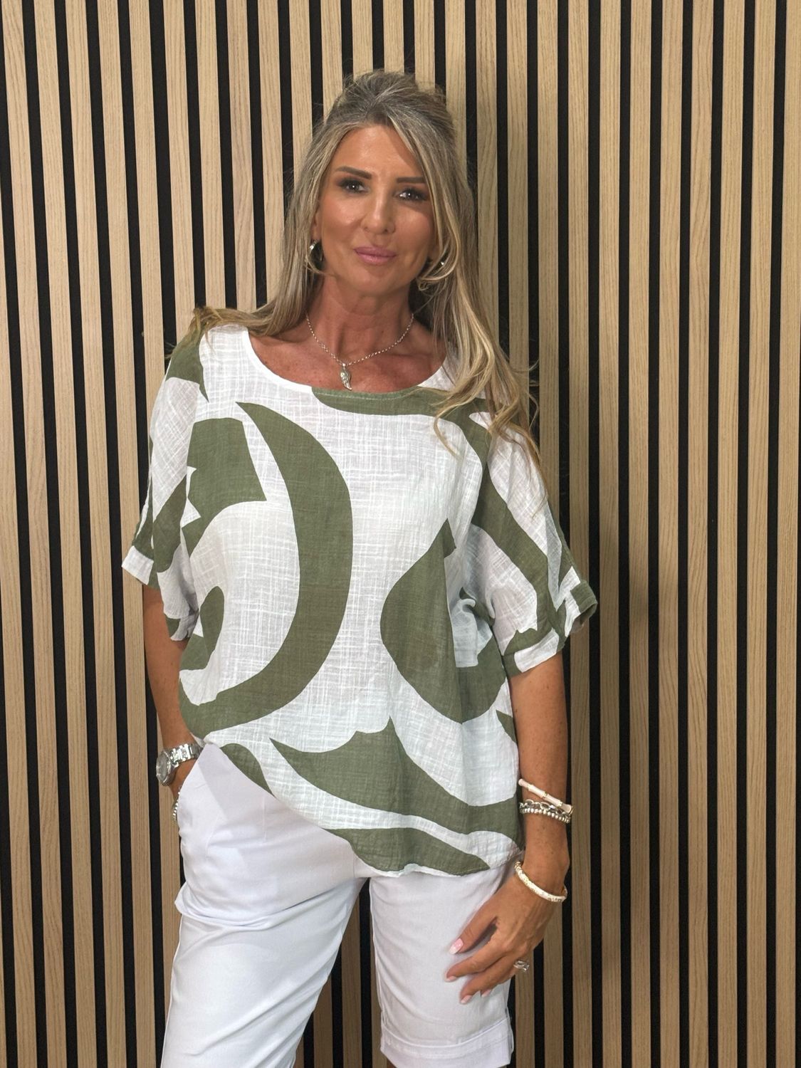 Abstract Print Cotton Top - Khaki