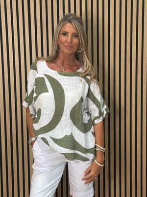 Abstract Print Cotton Top - Khaki