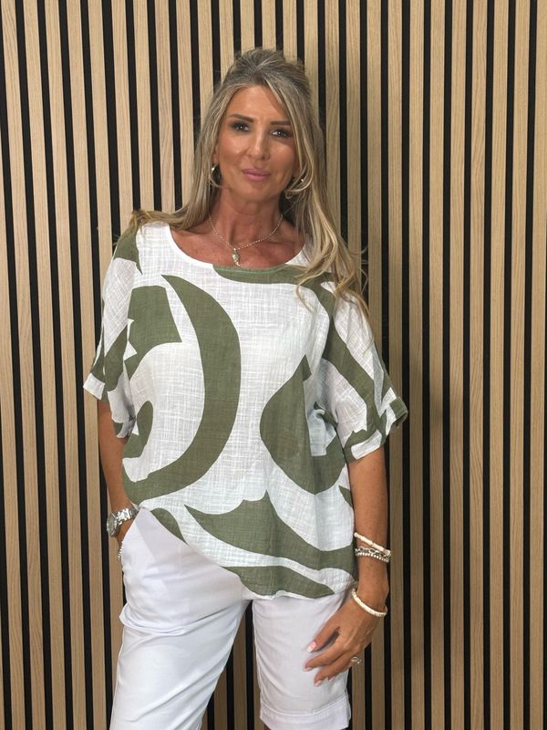 Abstract Print Cotton Top - Khaki