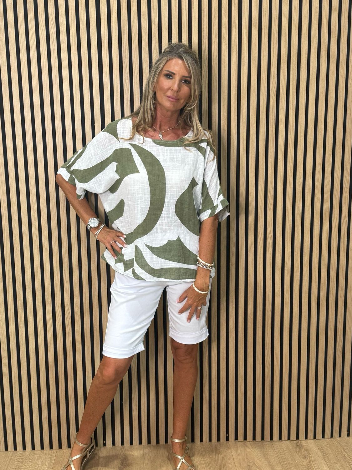 Abstract Print Cotton Top - Khaki