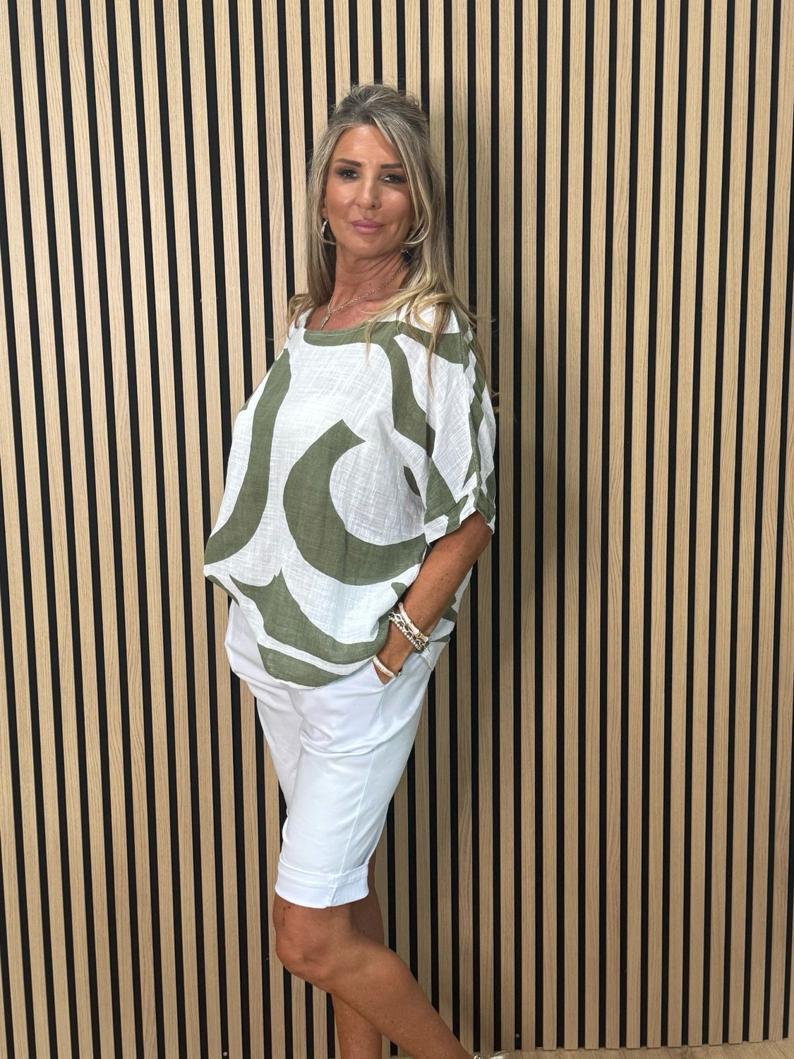 Abstract Print Cotton Top - Khaki