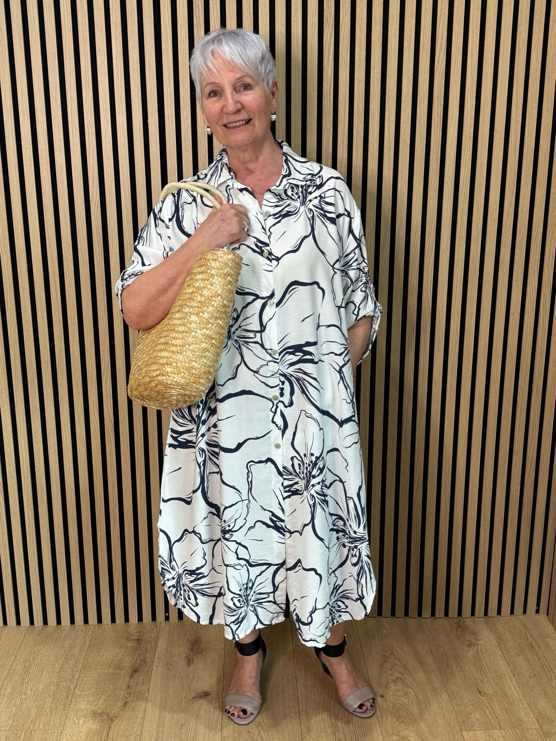 Floral Button Front Dress - Navy