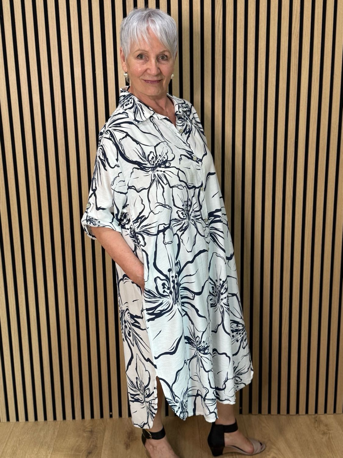 Floral Button Front Dress - Navy