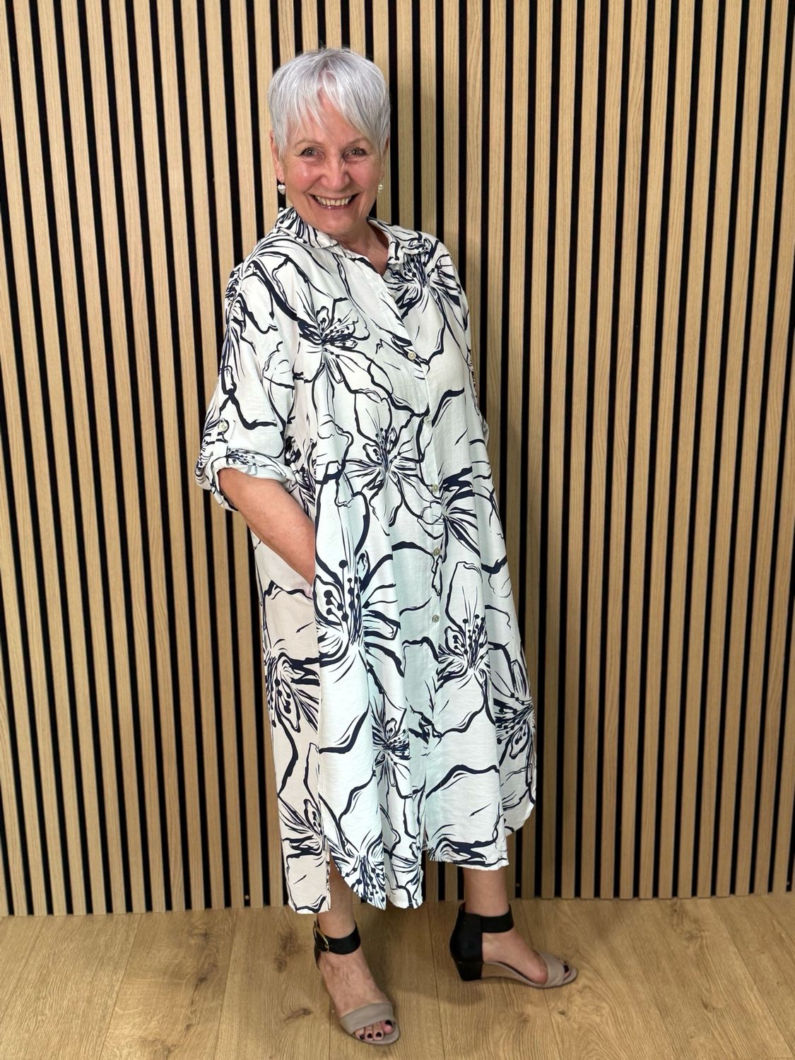 Floral Button Front Dress - Navy