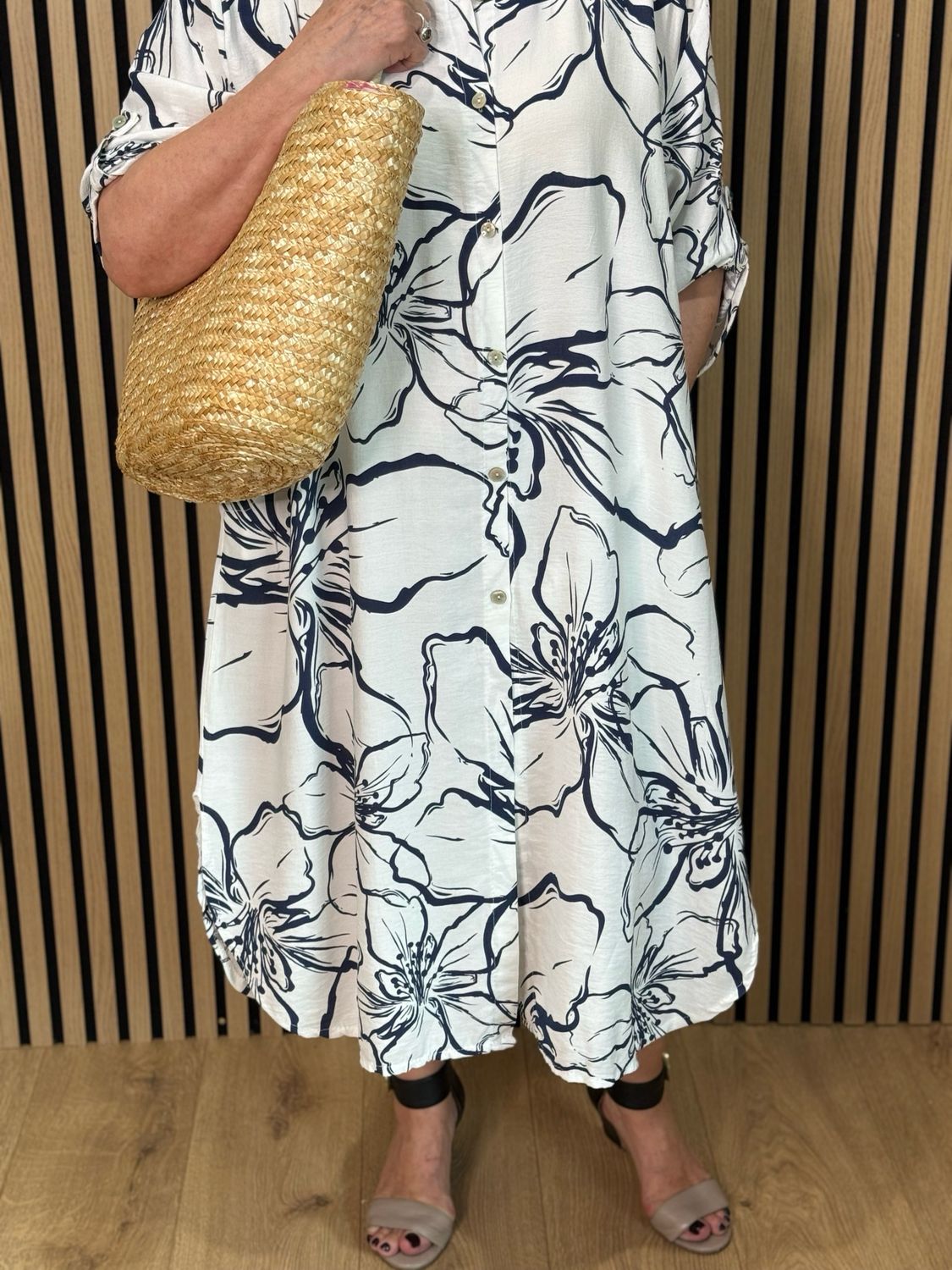 Floral Button Front Dress - Navy