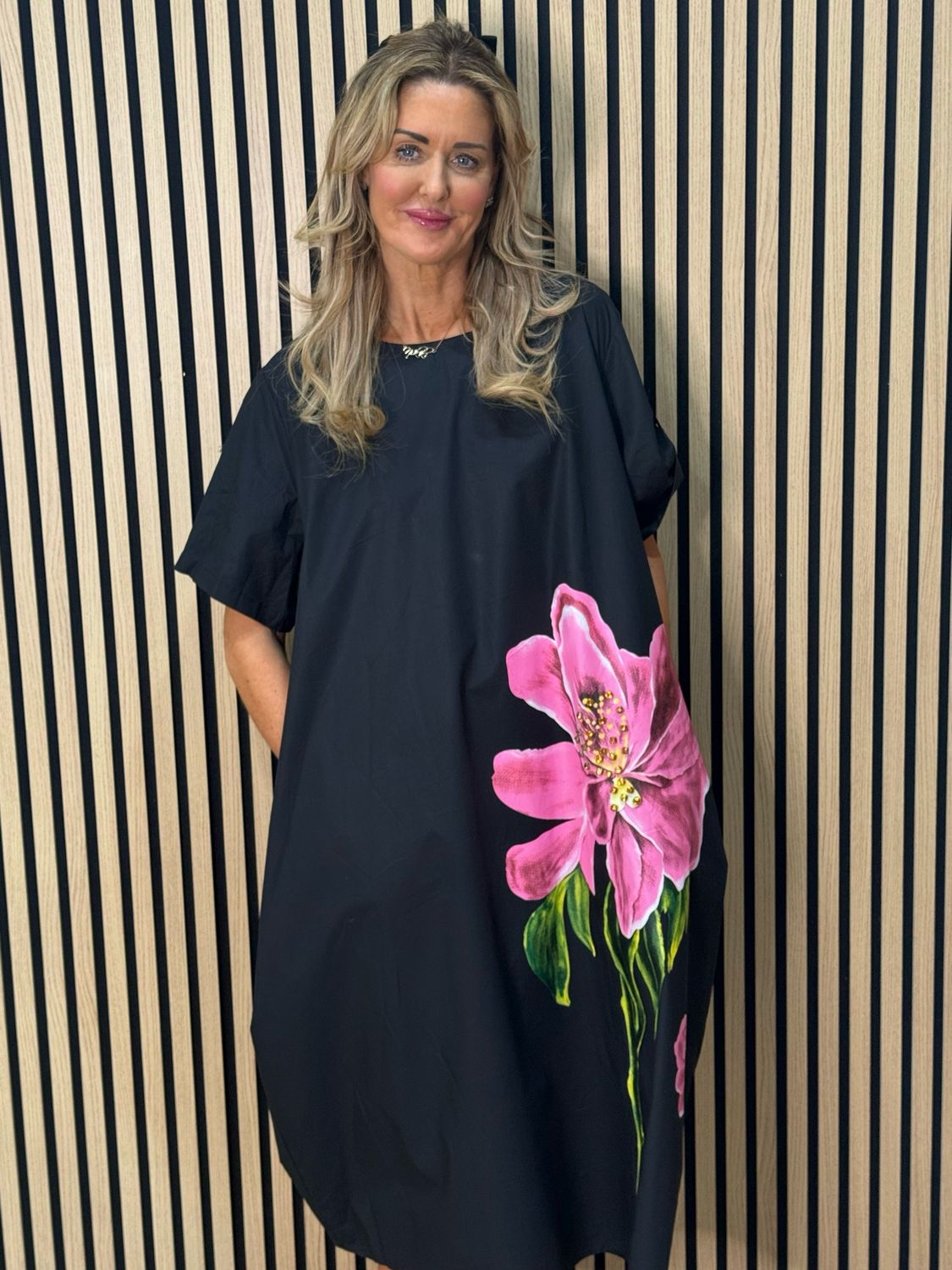 Statement Bloom Cotton Dress - Black/Pink