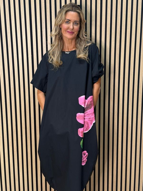 Statement Bloom Cotton Dress - Black/Pink