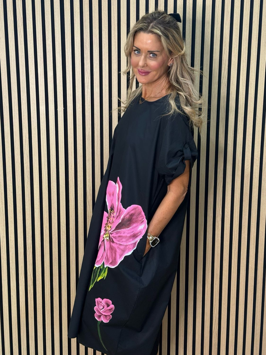 Statement Bloom Cotton Dress - Black/Pink