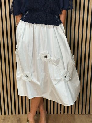 Floral Detail Cotton Midi Skirt - White