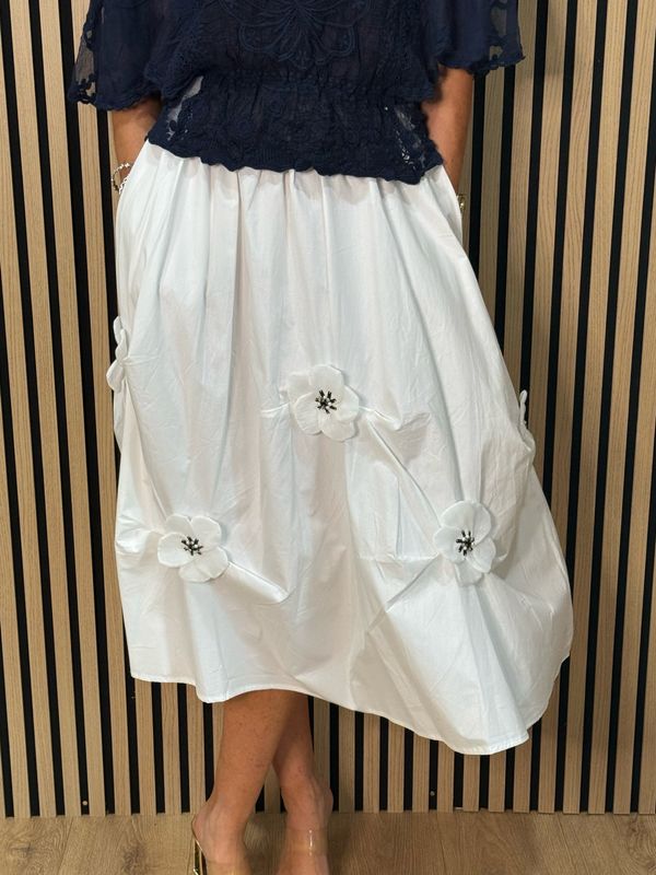 Floral Detail Cotton Midi Skirt - White