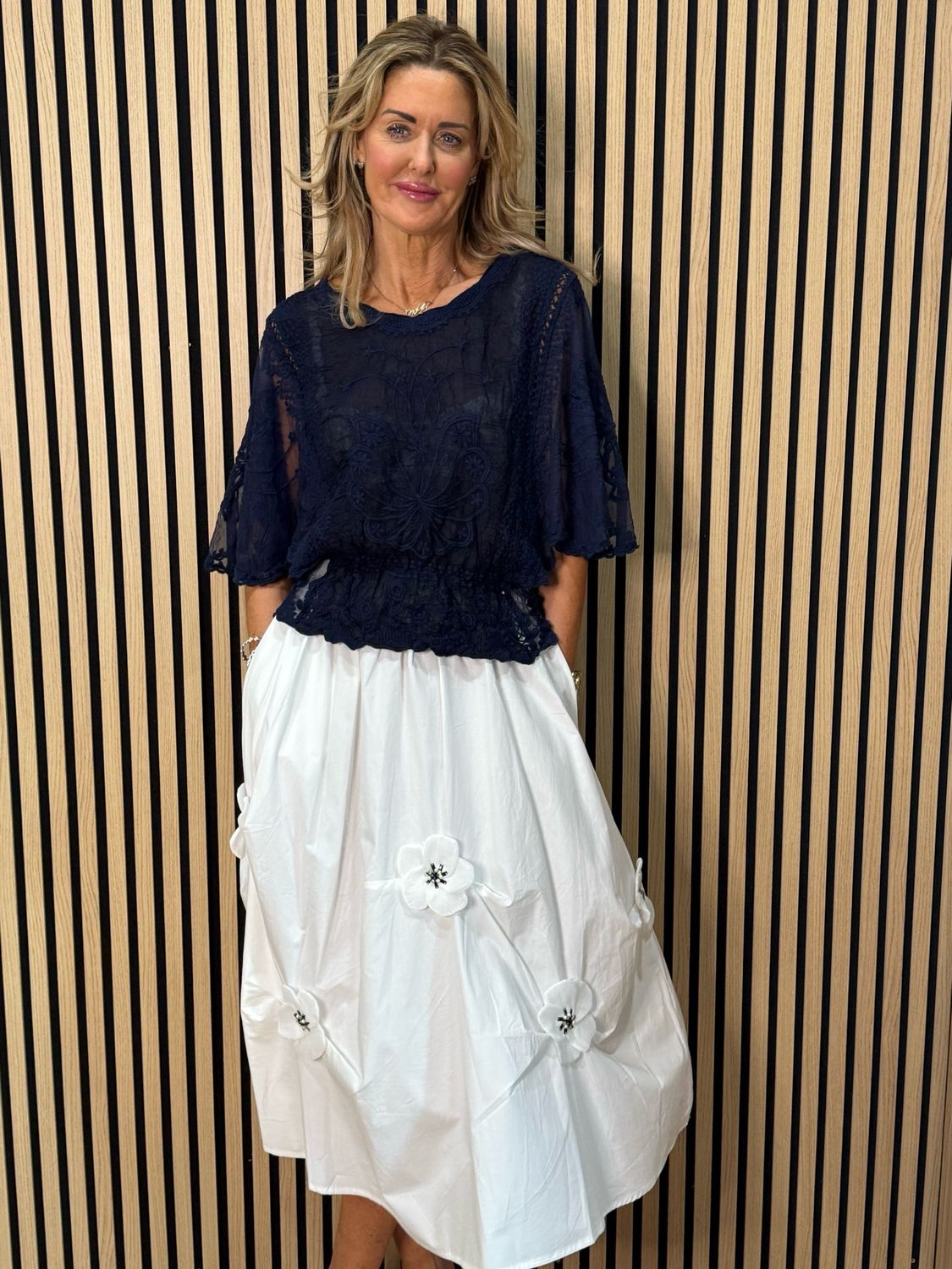 Floral Detail Cotton Midi Skirt - White