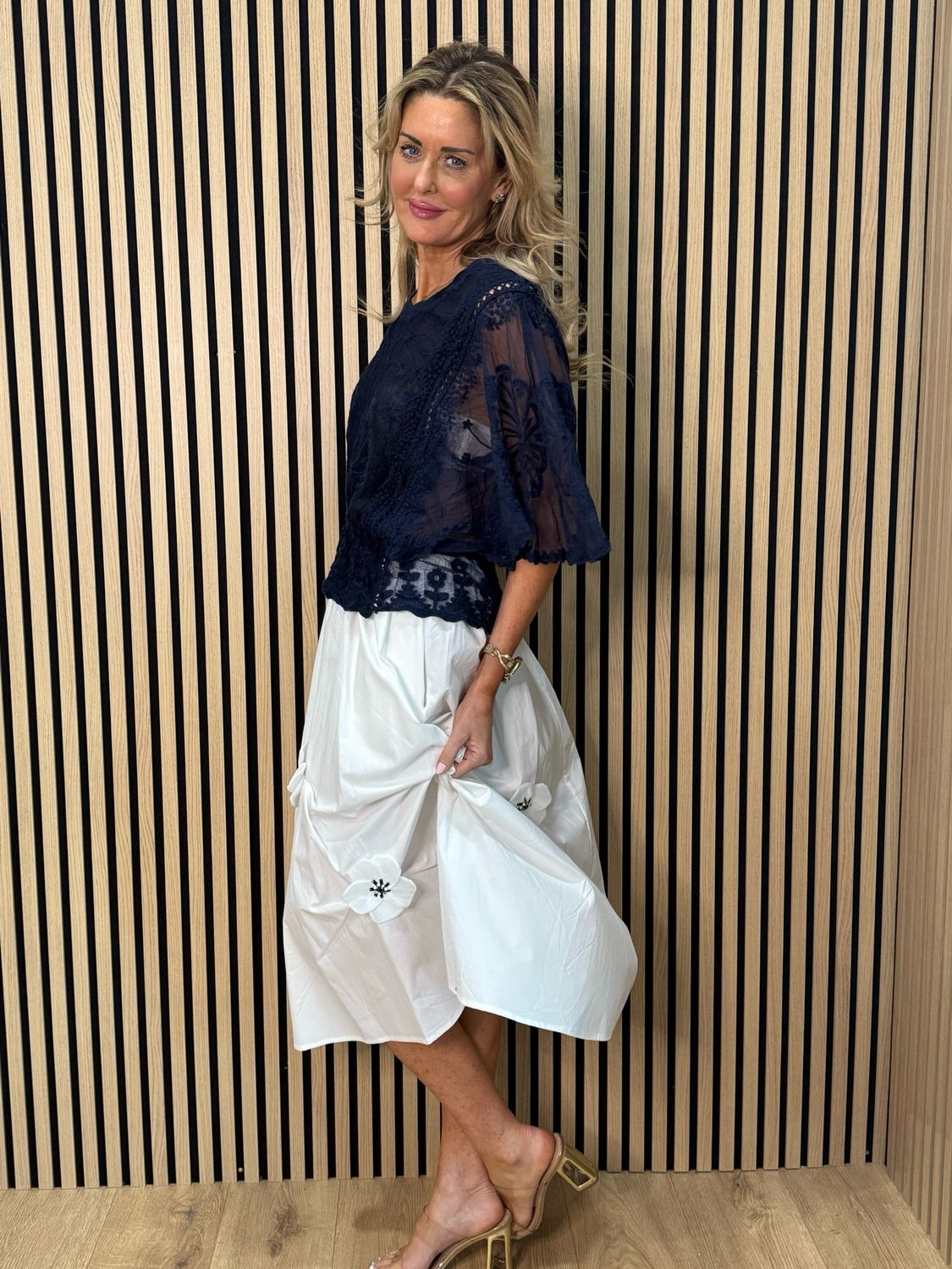 Floral Detail Cotton Midi Skirt - White