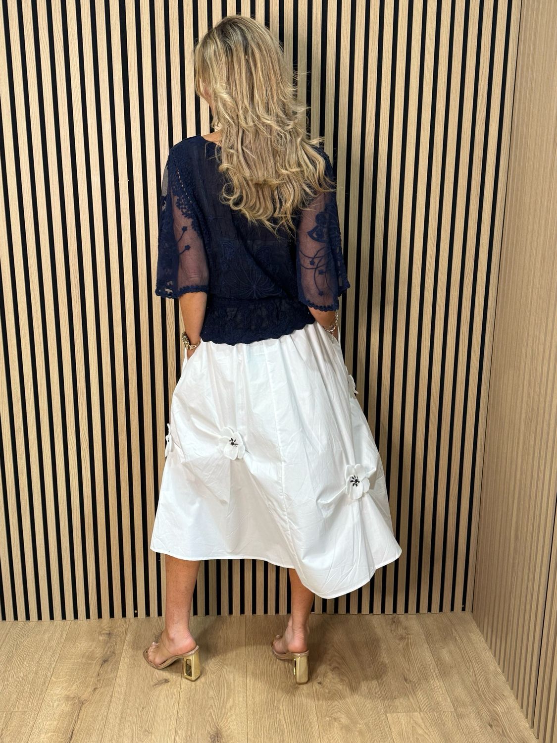 Floral Detail Cotton Midi Skirt - White