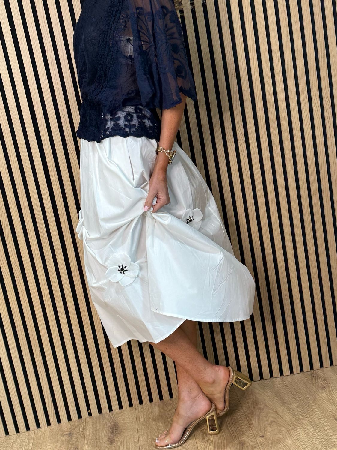 Floral Detail Cotton Midi Skirt - White