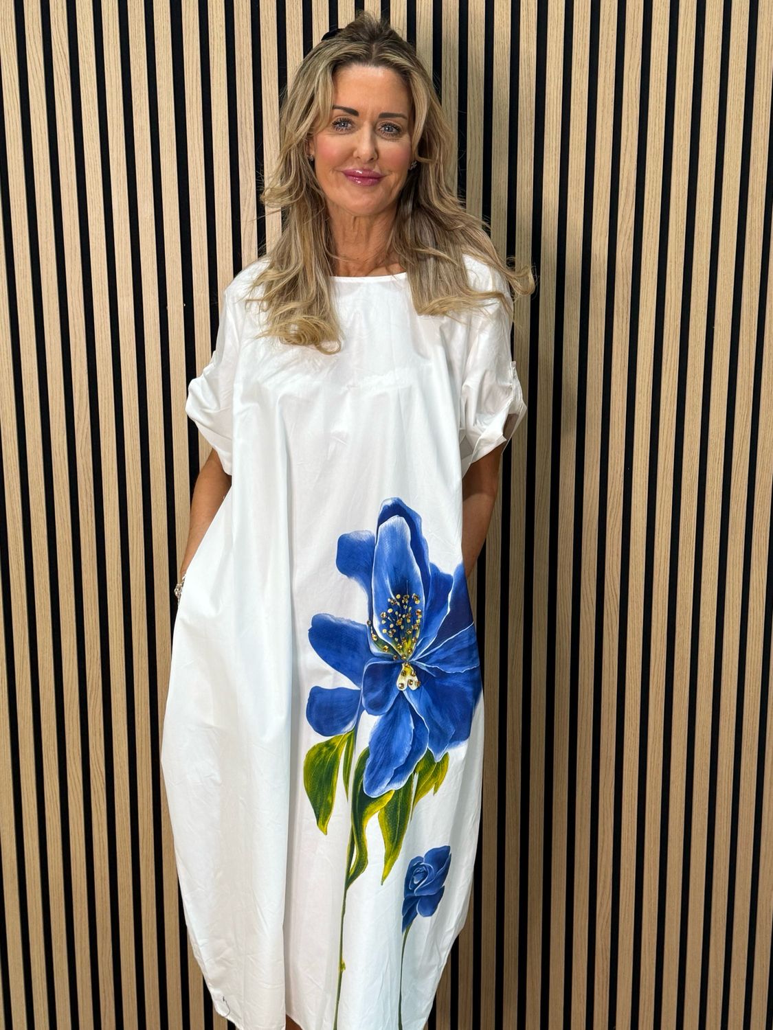 Statement Bloom Cotton Dress - White/Blue