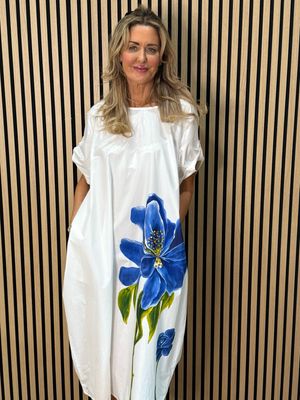 Statement Bloom Cotton Dress - White/Blue