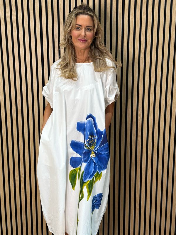 Statement Bloom Cotton Dress - White/Blue