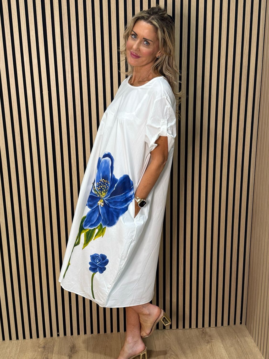 Statement Bloom Cotton Dress - White/Blue