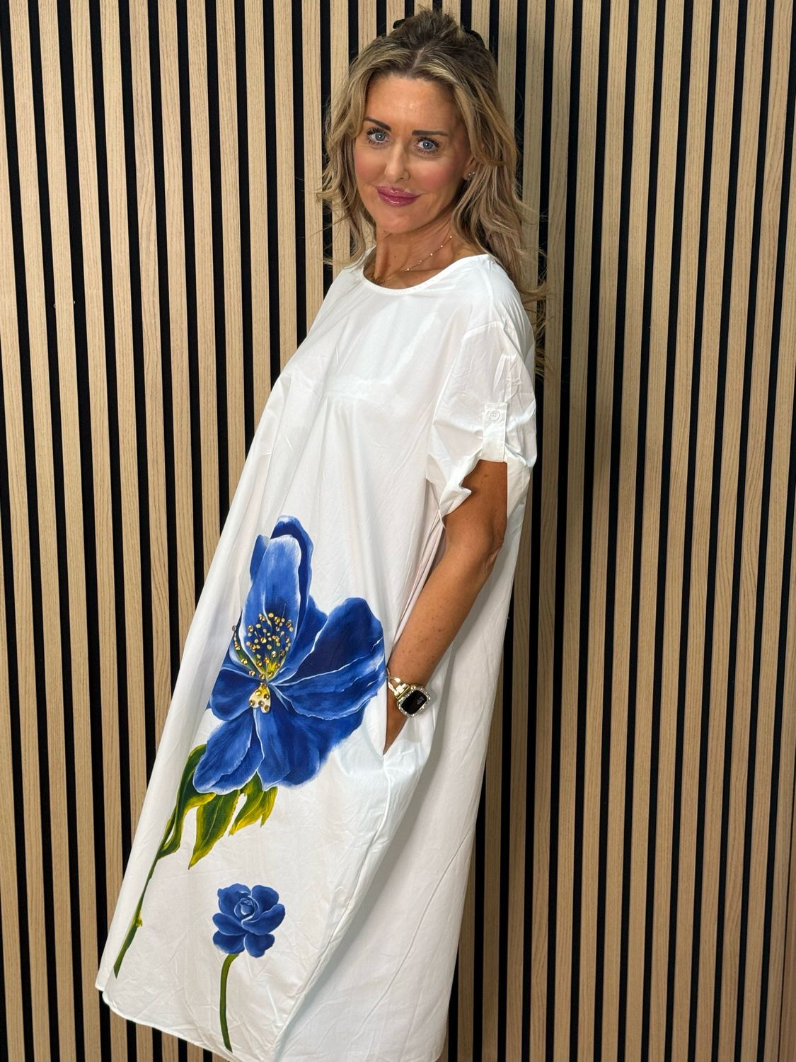 Statement Bloom Cotton Dress - White/Blue