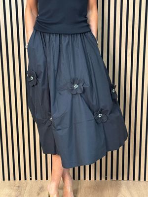 Floral Detail Cotton Midi Skirt - Black